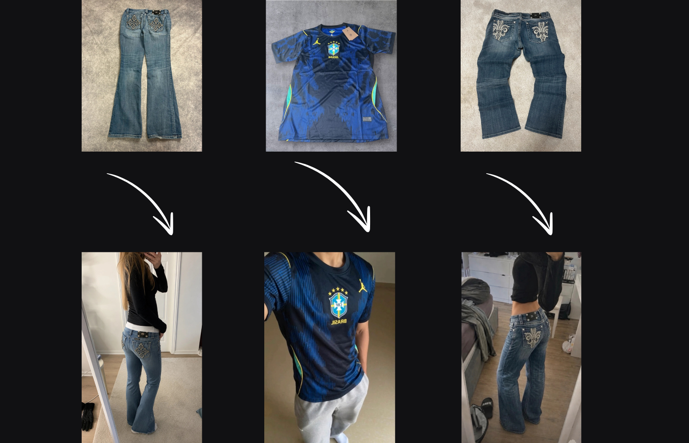 DestAI virtual try-on before and after showcase — AI-generated fashion model images